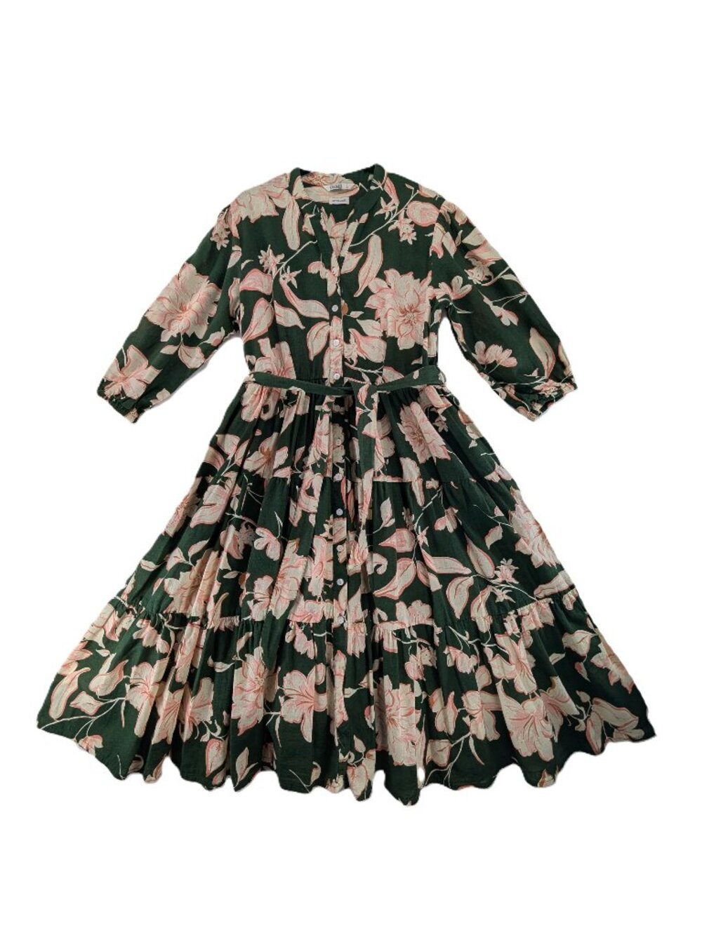 Cantabil Italy Dress Womens Sz M Floral Green Italy Linen Blend Belt Midi Button